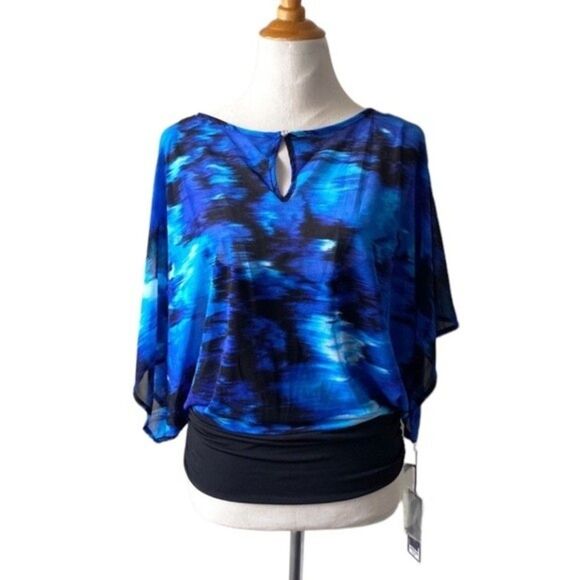 Jennifer Lopez NWT Top Dolman Blouse Butterfly Shape Blue Black Top Size XS - Picture 1 of 13
